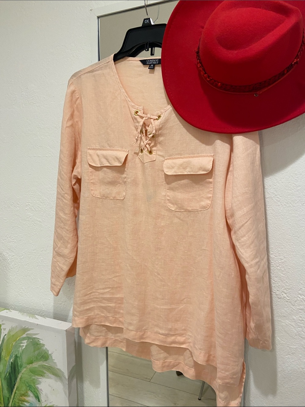 Peach Lace-Up Tunic Top Linen Blouse with Front Flap Pockets